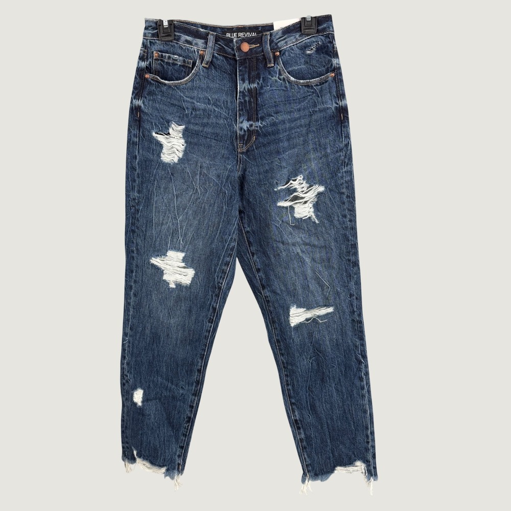 Blue Revival Boyfriend Jeans Size 26 Blue Distressed Straight Leg Raw Hem New